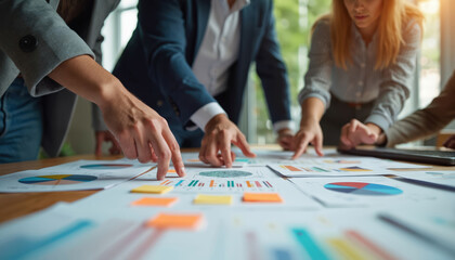 Team collaborates discussing charts and graphs on desk. People point at papers, analyzing data for project success. Colleagues share ideas in modern office setting, planning future strategy.