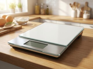 Digital kitchen scale on wooden countertop with blurred background