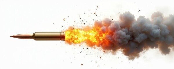 Obraz premium Golden bullet flies fast through air emitting bright orange flames and dark smoke. Sparks and fragments fly around projectile in motion. Intense explosive blast originates from casing.