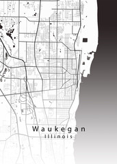 Minimalist white map of Waukegan, Illinois &ndash; A modern map print highlighting infrastructure of the city, useful for tourism purposes