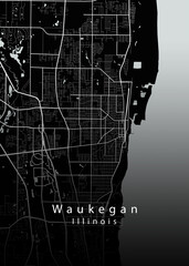 Minimalist black map of Waukegan, Illinois &ndash; A modern map print highlighting infrastructure of the city, useful for tourism purposes