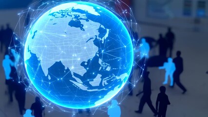 A glowing digital globe surrounded by network connections and silhouetted figures - Powered by Adobe