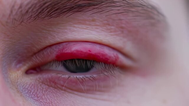 A close-up of a human eye with a red, inflamed upper eyelid