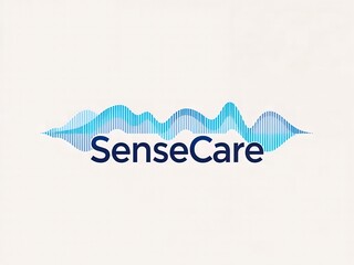 Sensecare logo with abstract blue waveform graphic symbolizing data, sound, digital health, and tech solutions.