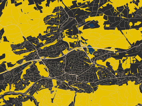 Flat city map of Iserlohn, Germany &mdash; deep charcoal background with clean cream streets and sharp safety-yellow highlights, accented by ink-blue water