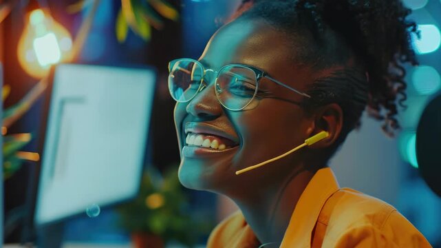 A cheerful person sitting in front of a computer screen with a smile on her face. She is wearing eyeglasses and has dark hair.