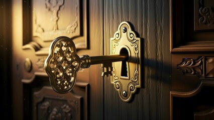 Ornate Golden Skeleton Key Inserted into a Classic Wooden Door