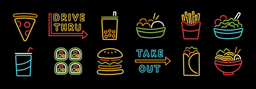 Neon fast food and takeout trendy icons set. Colorful line art vector illustrations of pizza, burger, sushi, ramen, fries, bowls, drinks, drive thru and take out signs.
