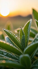 Fototapeta premium Morning Dew Kiss: The image showcases vibrant green leaves, each adorned with glistening water droplets, illuminated by the soft glow of the rising sun.