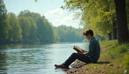 Young man reads book near river edge, surrounded by green trees, grass. Gentle water laps shore under sunny bright sky. Peaceful moment of solitude, quiet outdoor contemplation, connection with