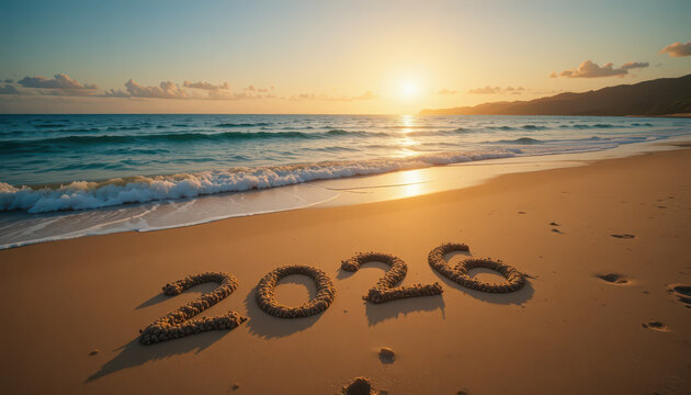 Year 2026 written in the sand on a tropical beach at sunset or sunrise with gentle ocean waves. Concept of New Year's arrival, holiday vacation planning, travel destination, and future goals. Copy spa