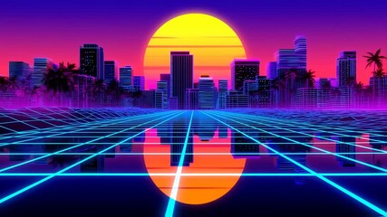 A neon cityscape skyline with retro synthwave aesthetic, large sun & grid pattern - Powered by Adobe