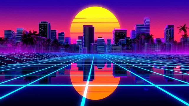 A neon cityscape skyline with retro synthwave aesthetic, large sun & grid pattern