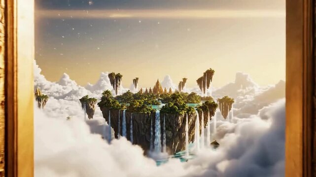 Fantasy Golden Gates Opening to Magical Floating Island City with Waterfalls in Clouds