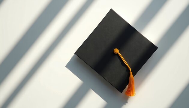 Black graduation cap with yellow tassel rests on white surface. Sunlight casts diagonal shadows creating a clean, academic aesthetic suitable for educational announcements and celebrations.
