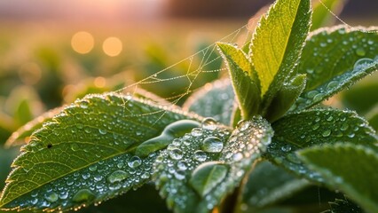Dew-Kissed Leaves and Spider's Web: Nature's intricate details of fresh green leaves, glistening with morning dew and an delicate spider's web, lit by soft sunlight.