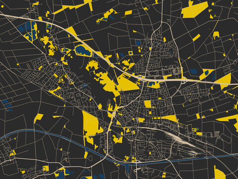 Modern graphic street map of Peine, Germany, with graphite black base with warm cream road network, signal-yellow open areas and inky blue waterways