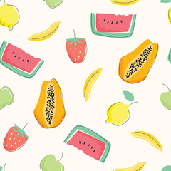 Seamless pattern of playful pastel fruits, including watermelon, papaya, strawberries, bananas, lemons, and apples. Perfect for textiles, wrapping paper, wallpaper, and kids-themed designs.
