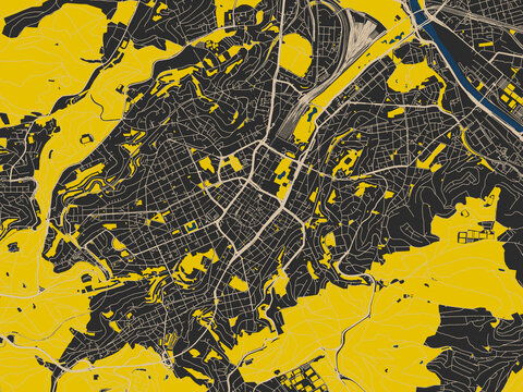 Flat city map of Stuttgart, Germany &mdash; matte charcoal landmass with pale cream street lines, bold yellow accents and navy-blue water shapes