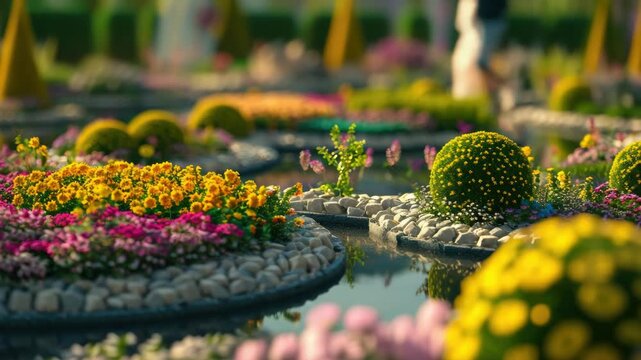 A stunning garden paradise filled with a variety of colorful flowers and lush greenery, featuring an elegant pond as the centerpiece.