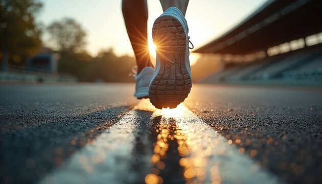 Close view of person feet running on track at stadium during sunset. Athlete shoe steps forward, motion blur effect. Athletic training and fitness concept.
