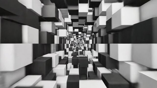A black and white tunnel of cubes, receding to infinity. A geometric, abstract perspective