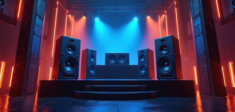Stage setup with PA speakers and dynamic lighting. Powerful audio equipment displayed for concert or club event. Blue and orange spotlights illuminate speakers for a dramatic effect, ready for music.
