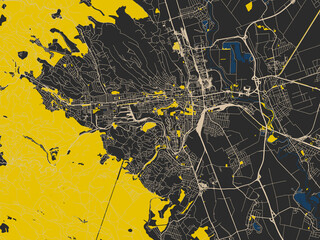 Decorative abstract map of Miskolc, Hungary, featuring deep charcoal background with clean cream streets and sharp safety-yellow highlights, accented by ink-blue water