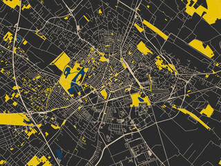 Decorative abstract map of Kecskemet, Hungary, featuring near-black map field with ivory road grid, bright yellow blocks and dark blue rivers and harbors