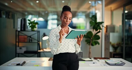 Tablet, pen and thinking with black woman for business, accounting idea or bookkeeping at night. Technology, smile or accountant with stylus in office financial records, audit or planning on deadline