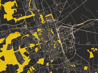Flat city map of Szombathely, Hungary &mdash; deep charcoal background with clean cream streets and sharp safety-yellow highlights, accented by ink-blue water