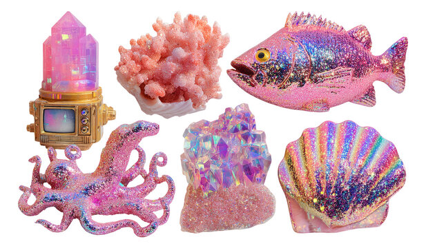 Hypersparkly Marine Objects Illustration with Glittery Sea Creatures and Coral