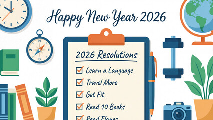 2026 New Year Resolutions Checklist Flat Illustration