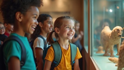 School kids with backpacks at museum look at show with delight. Teacher guides group of happy children exploring science, history, and art. Diverse students learn together on educational trip.