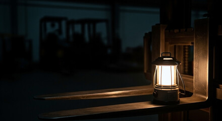 夜の倉庫でフォークリフトに置かれたランタンとコピースペース 静かな休息の灯り