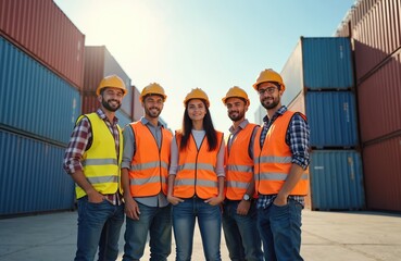 Five workers in hard hats, safety vests stand in front of stacked shipping containers. Look happy, represent logistics transport team. Group includes men, woman. Workplace appears to busy port