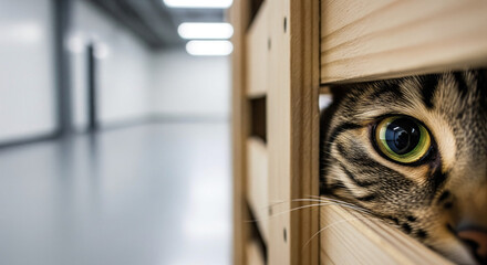 空港の検疫所で木箱の隙間から覗く猫の瞳とコピースペース ペットの輸入と空輸の不安