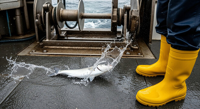 漁船の甲板で跳ねる新鮮な魚と漁師の足元とコピースペース 水揚げの活気と漁業