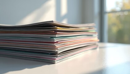 Stack of colorful magazines on white table near window. Reading materials for design inspiration, lifestyle, and leisure. Print publications offer information and art.