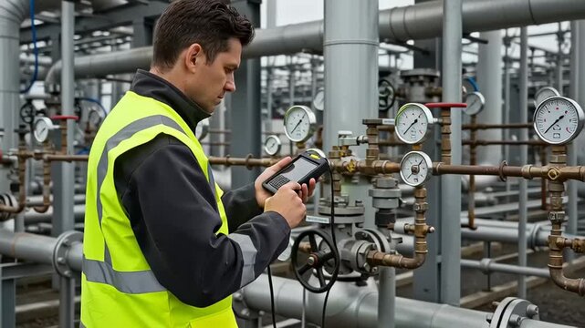 Industrial worker in hi-vis vest using handheld device amidst pipes and gauges at facility