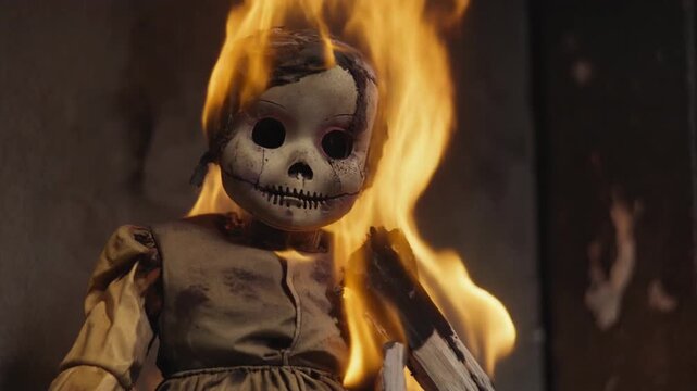 Creepy haunted doll burning in hellfire