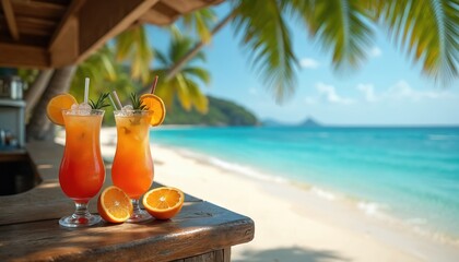 Two colorful tropical cocktails with orange slices and straws sit on a wooden bar. Beyond the bar, a white sand beach meets turquoise ocean under a bright blue sky with palm leaves overhead.