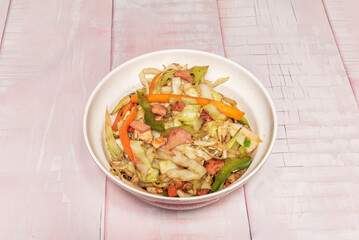 Vegetarian version of chop suey with shrimp, fried tofu, broccoli, baby corn, and green beans, with a low-sodium soy sauce and garlic