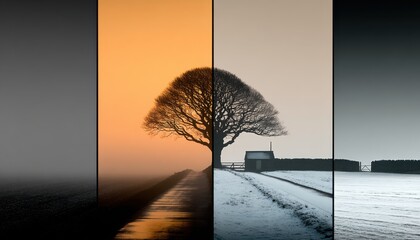 Seasonal Transitions: A captivating visual narrative unfolds, showcasing a solitary tree and its surrounding landscape through the diverse phases of the seasons.