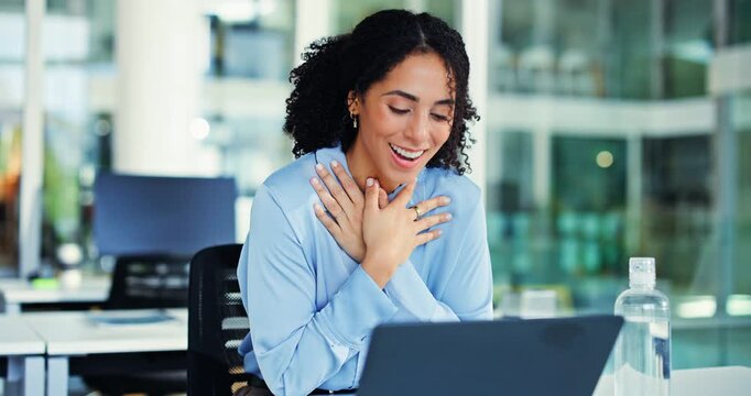 Business, woman and cheering with laptop in office for good news, promotion email and story funding. Person, fist pump and pc for announcement, positive feedback and celebration for award nomination