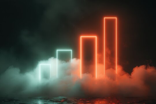 Abstract Neon Bar Graph Rising Above Vaporous Clouds in Moody Atmosphere - Powered by Adobe