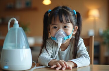 Little girl with pigtails wears oxygen mask and uses nebulizer machine at home. She looks happy and healthy while breathing treatment for her lungs illness.