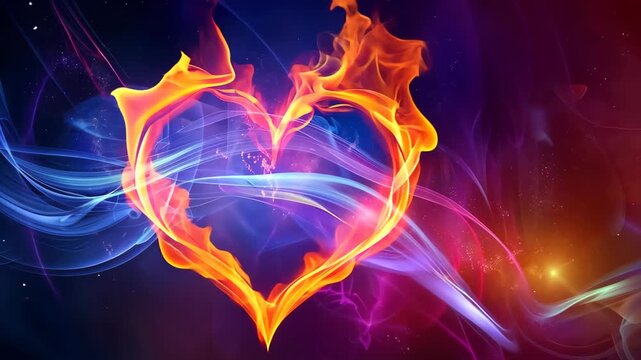 Burning Heart: A captivating depiction of a fiery heart, symbolizing passion, love, and the intensity of emotions. The heart shaped flame dances against a backdrop of swirling colors.
