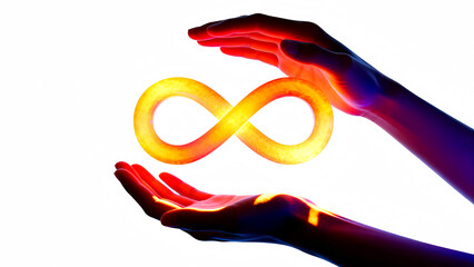 Hands cradling glowing infinity symbol representing eternal concepts limitless potential spiritual connection abstract energy concepts and perpetual motion against a bright white background