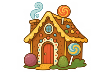 Gingerbread house illustration with candy decorations, sweet dessert concept, classic fairytale fantasy theme